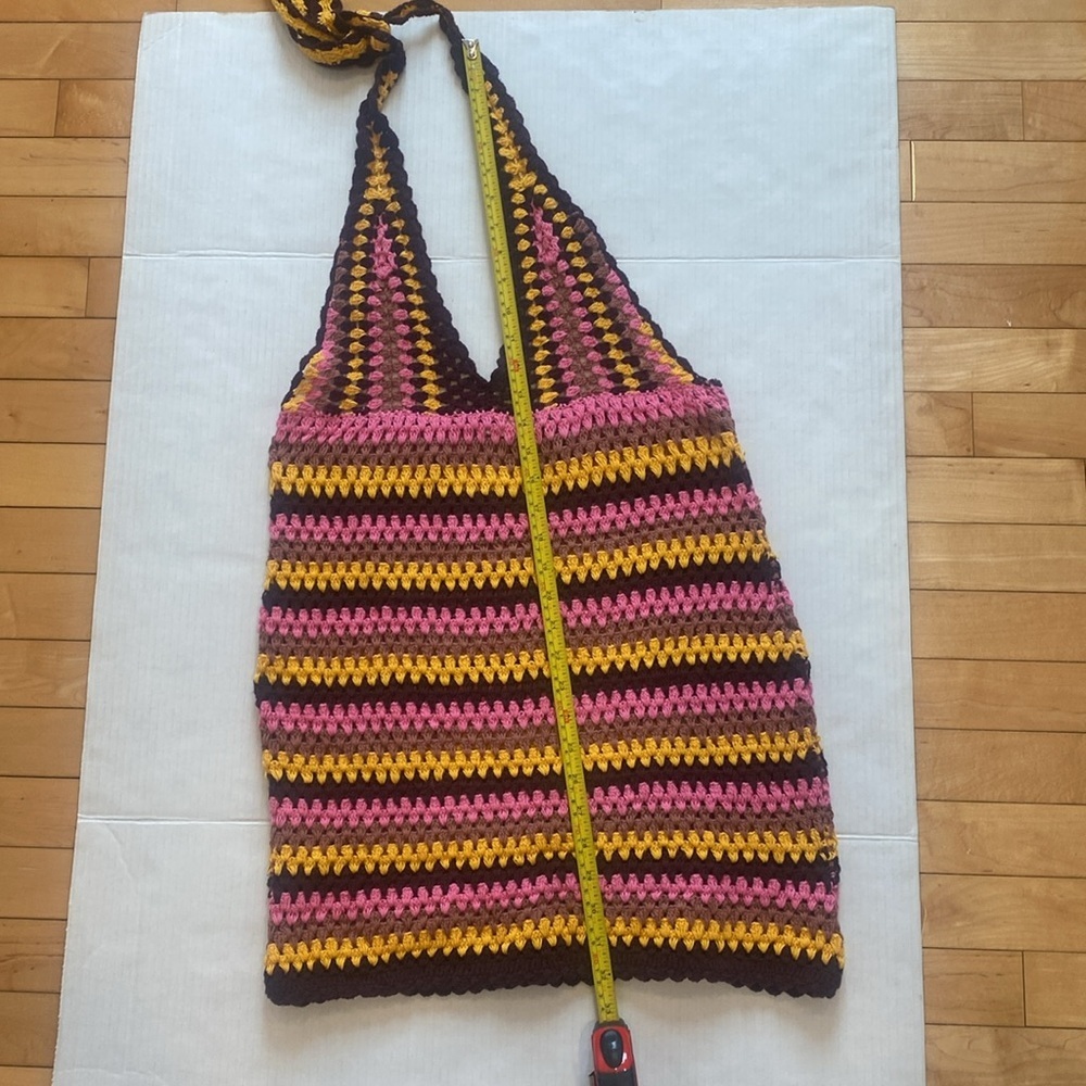 ZARA, Colourful Retro Crochet Halter Dress, with deep V-Neck Size Large - Picture 14 of 17